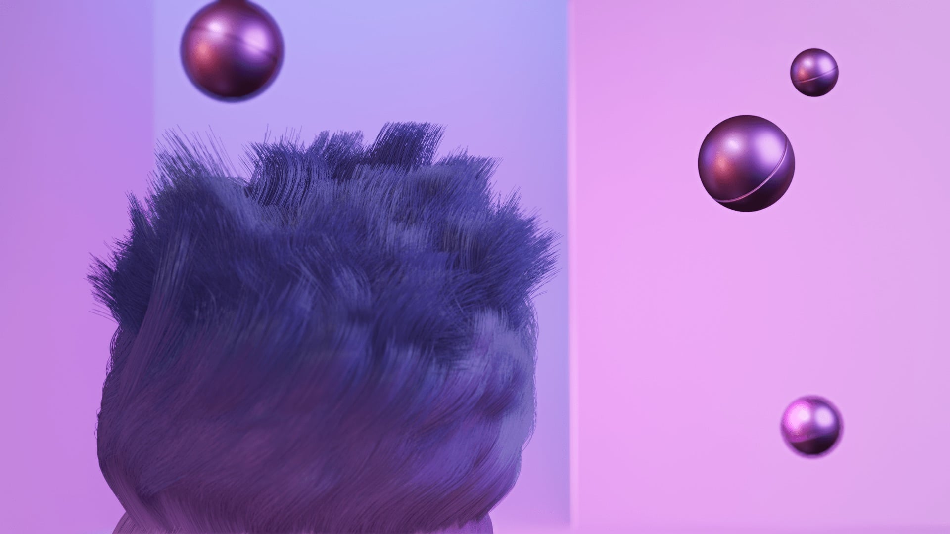 3D styleframe of an abstract hair simulation, with metal orbs floating around it