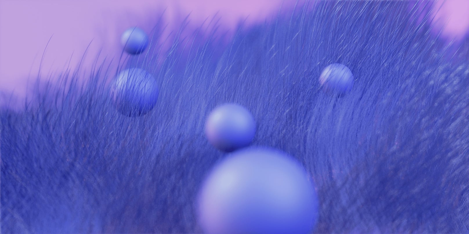 A close up of the final render, with a large sphere out of focus in the foreground and smaller spheres floating in the distance