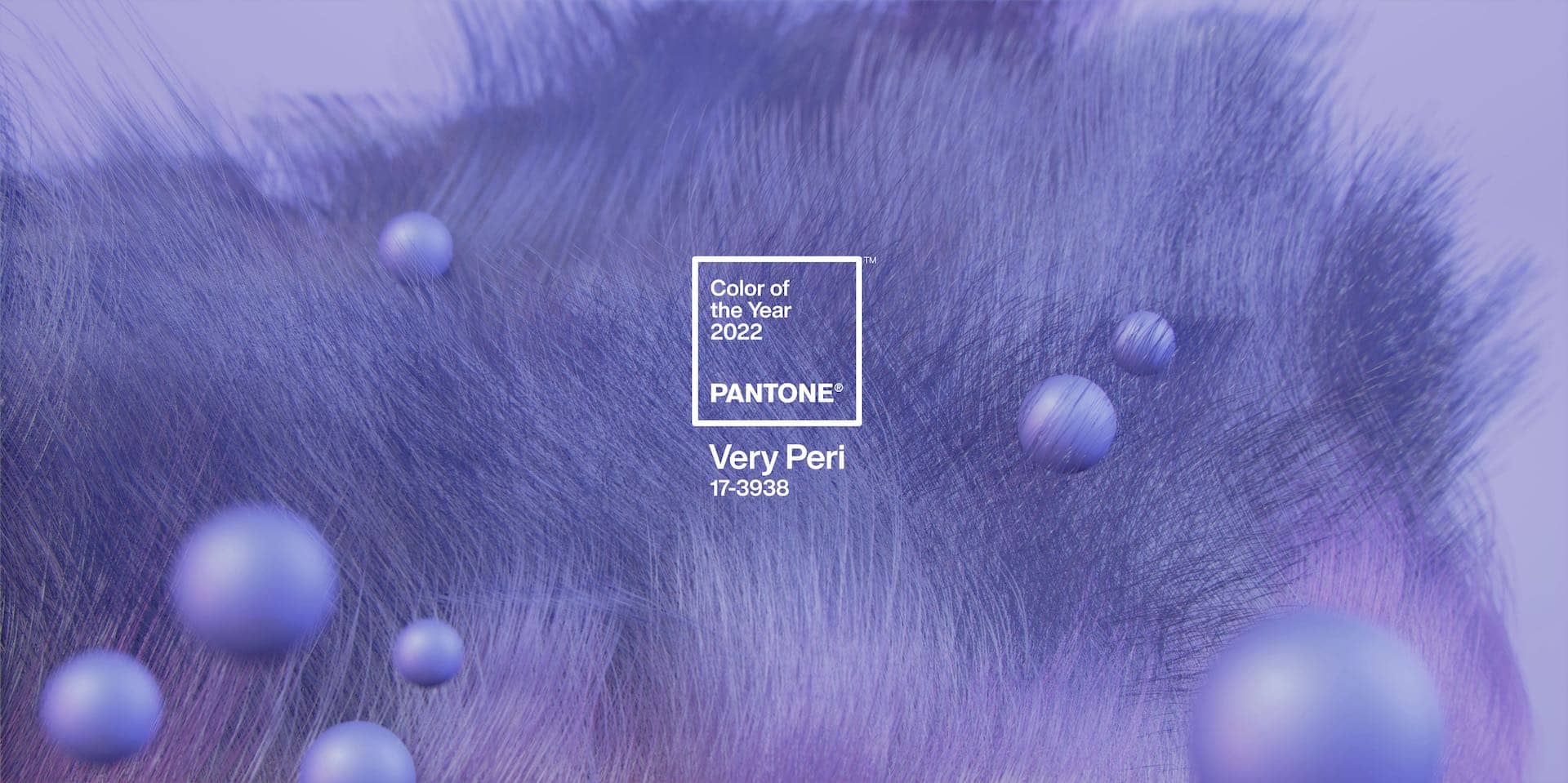 Final hero image, showing the Pantone Color of the Year lockup overlaid on the 3D render of a periwinkle hair simulation and floating spheres