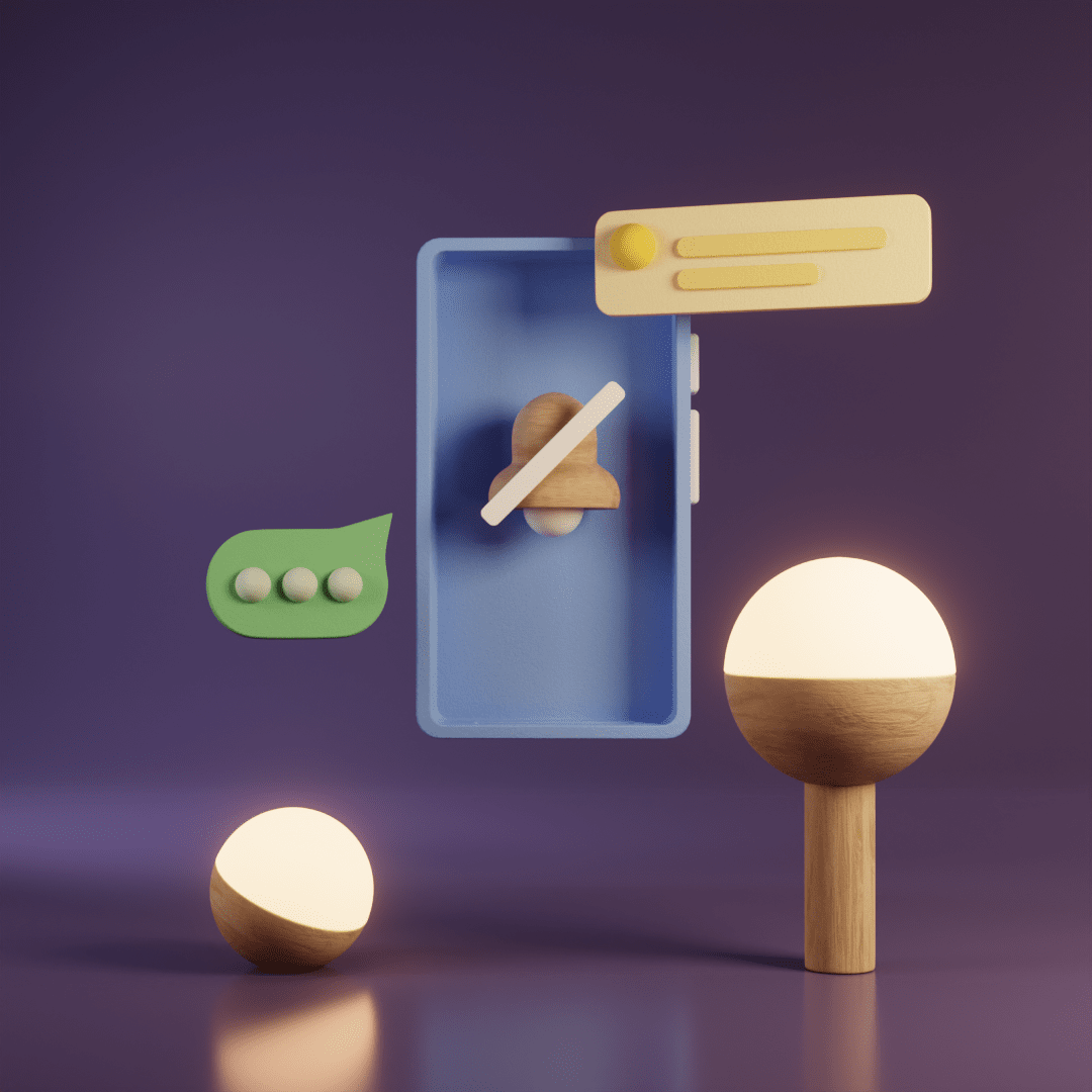 Geometric 3D illustration of a phone in Do Not Disturb mode, with notifications floating around it and two wooden, glowing lamps on either side