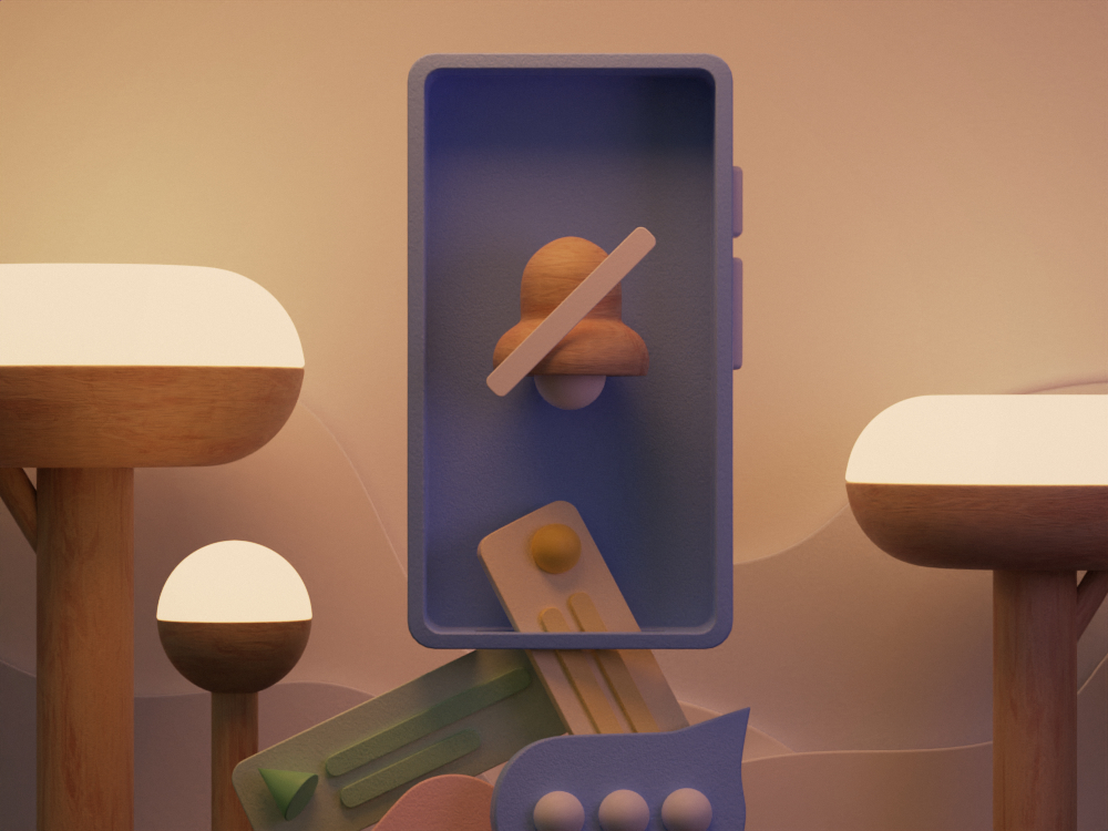 3D illustration of a night-time scene, where a phone's notifications have fallen down and a Do-Not-Disturb icon appears in the centre