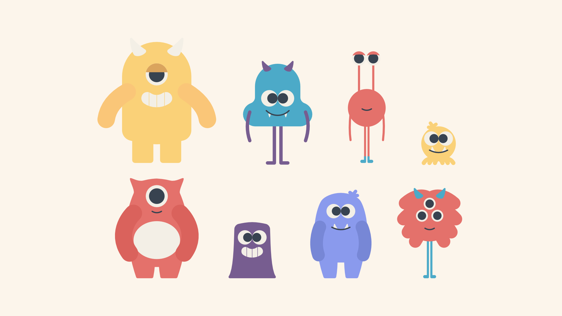 Illustration of cartoon monsters in different sizes and colours.
