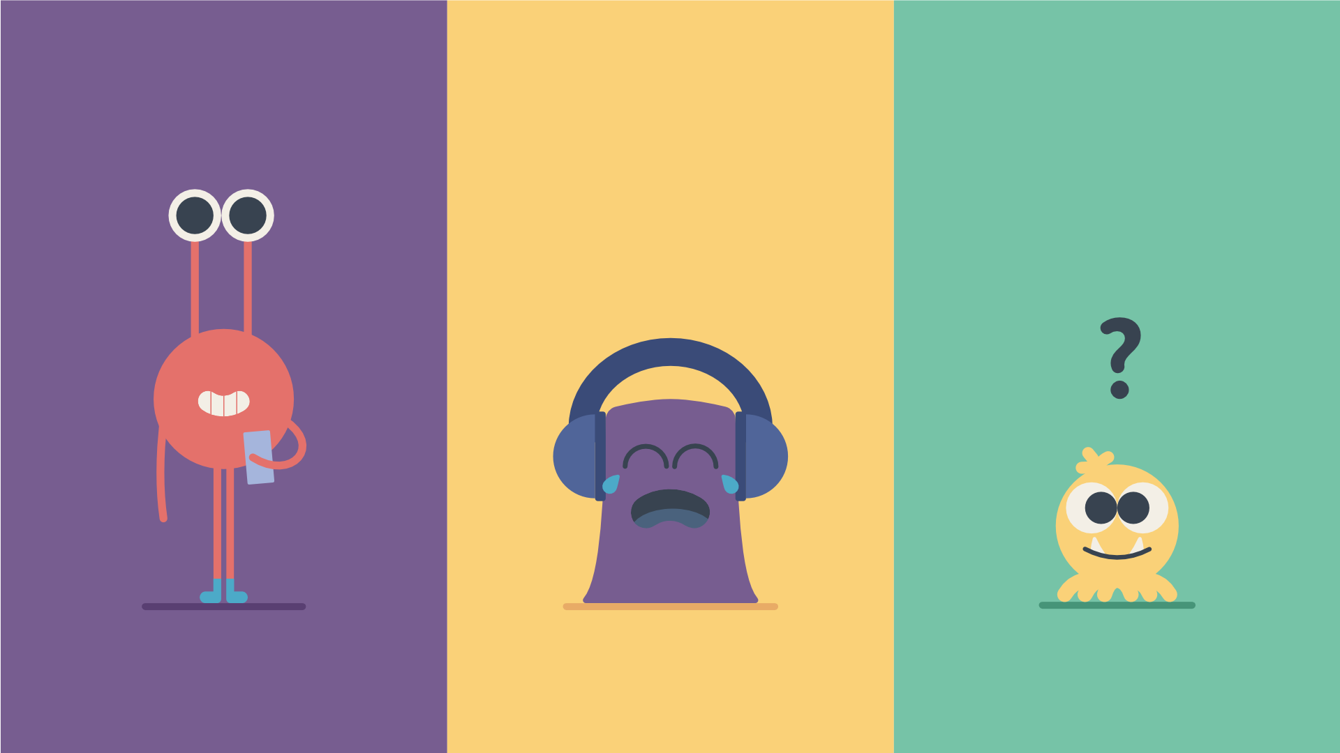 A 3-column grid of three monster characters. One is holding a phone, the second one is listening to music on headphones and crying, and the third has a question mark above its head.